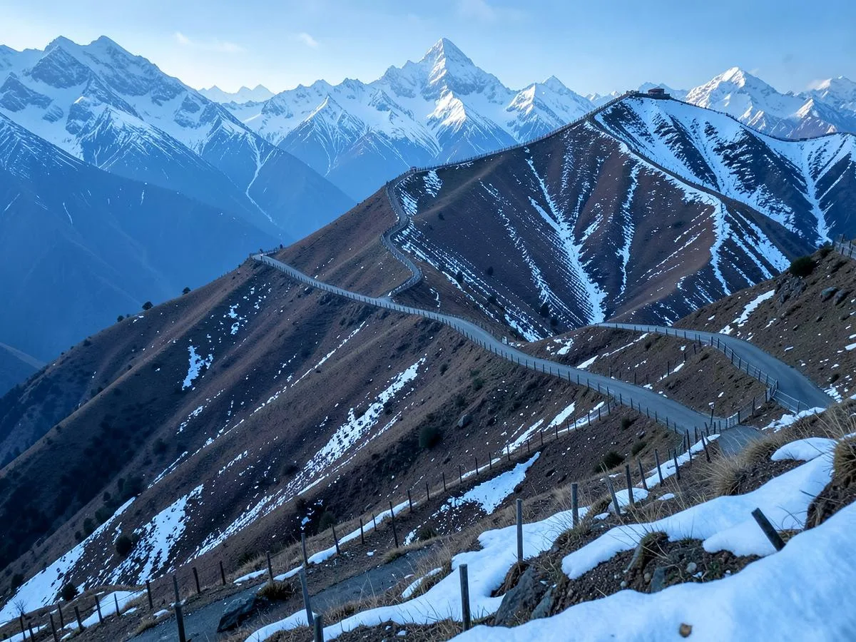 Snow-streaked ridges and a winding road near Nathula Pass in East Sikkim