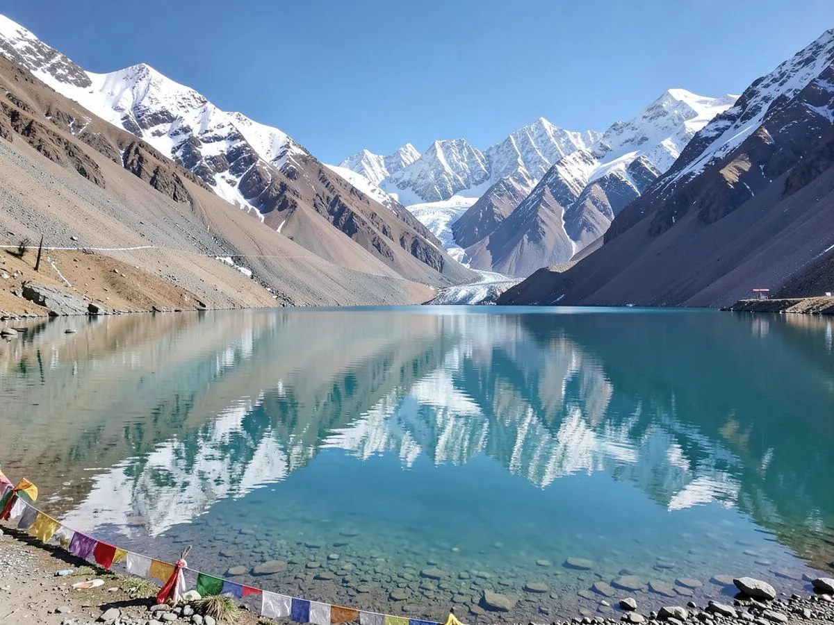 Tsomgo Lake in Sikkim reflecting snow-capped mountains with prayer flags on the shore