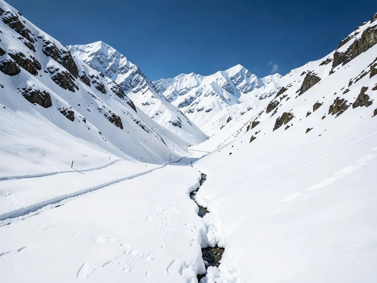 Snow-covered high-altitude valley at Zero Point beyond Yumthang in North Sikkim